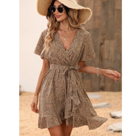 Mocha Brown with Black Spotted Print Wrap Mini Dress Short Sleeves Belted - Picture 4 of 7